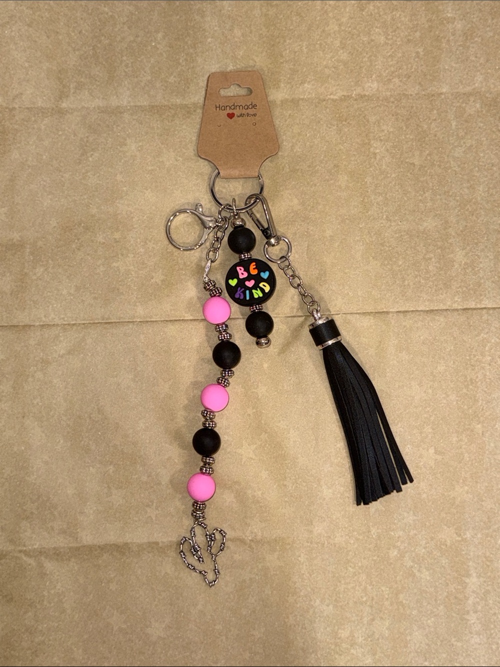 'Be Kind' Pink & Black Beaded Keychain with Tassel